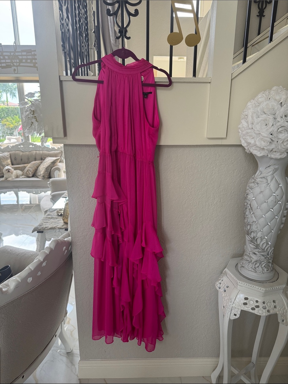 Alex Marie Hot Pink Ruffled Halter Maxi Dress